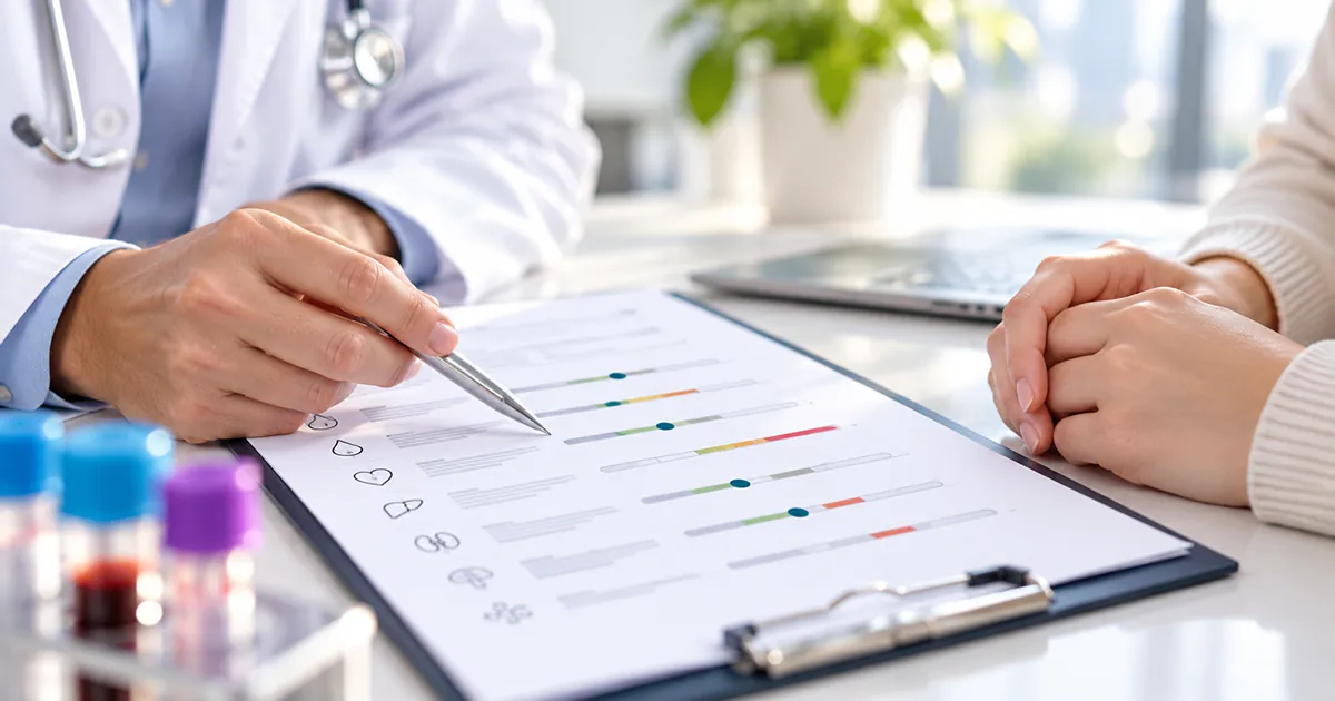 A clinician pointing to range bars on a blood report while a patient listens