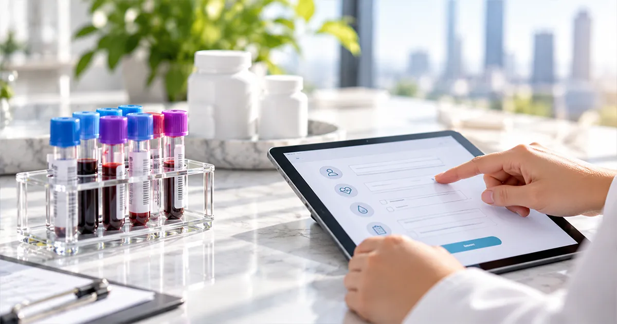 A tablet showing a health questionnaire next to blood sample tubes on a marble table