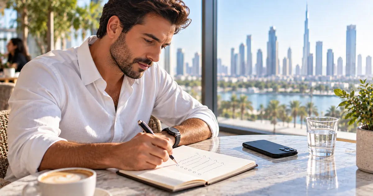 A man writing a list of questions in a notebook before comparing supplement services