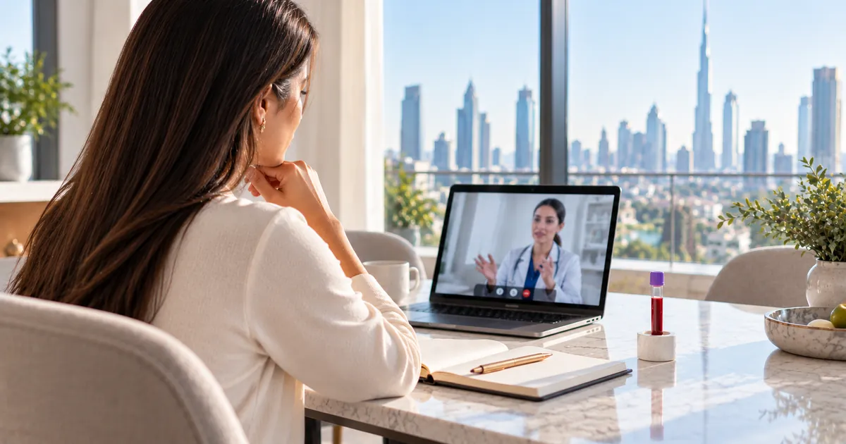 A woman on a video call with a doctor about her blood test, with a sample tube on the table