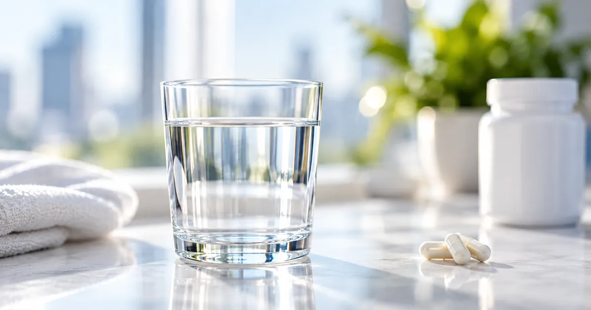 A glass of plain water on a kitchen counter in morning light before a blood test