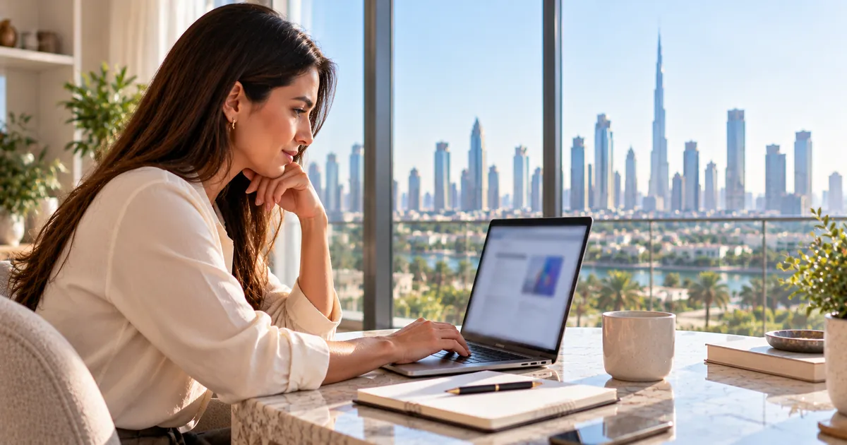A woman researching health testing options on a laptop in her Dubai apartment