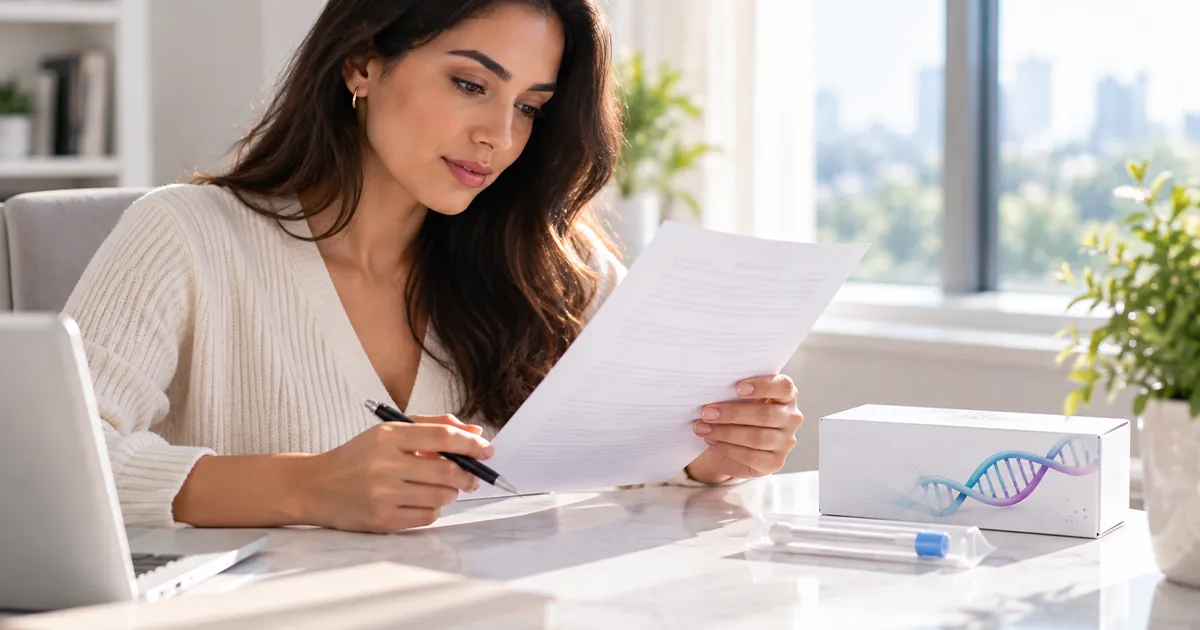 A woman reading a consent form beside a sealed DNA sample kit