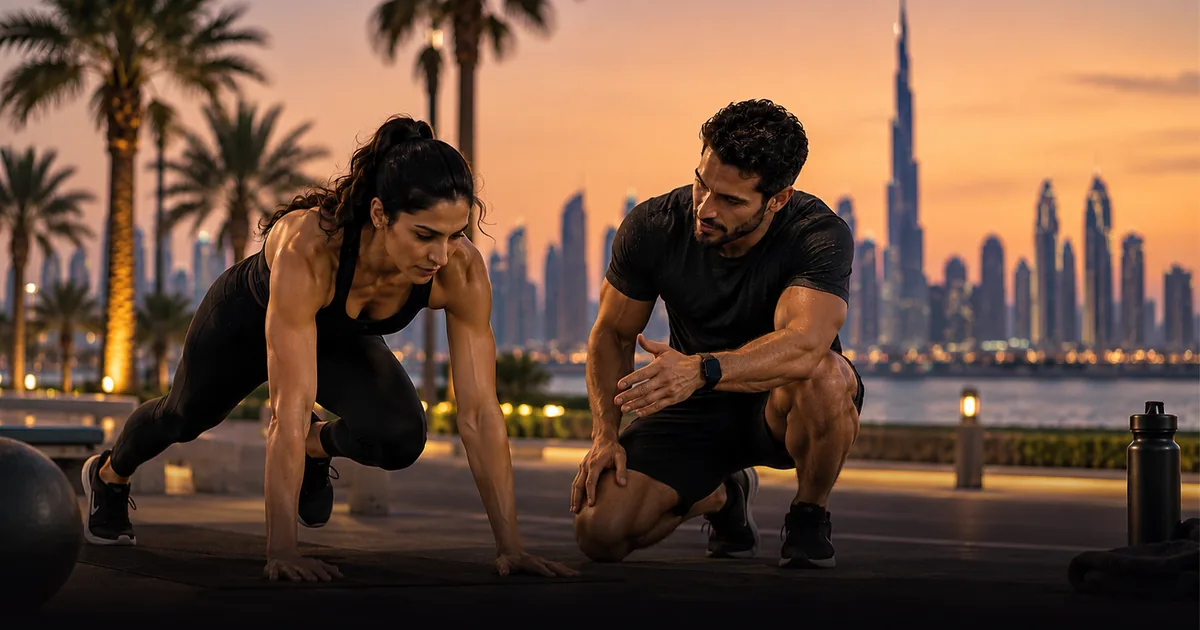 A coach guides a client through a training exercise outdoors at sunset, with the Dubai skyline behind