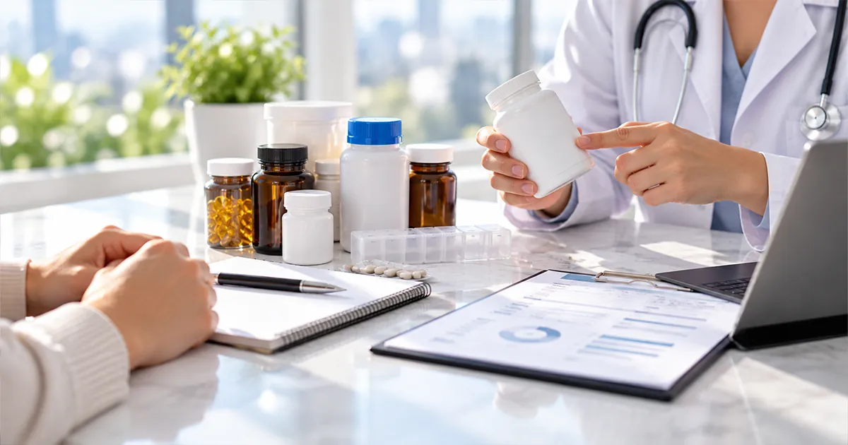 A clinician holding a supplement bottle during a review, with a client's supplements and notebook on the desk