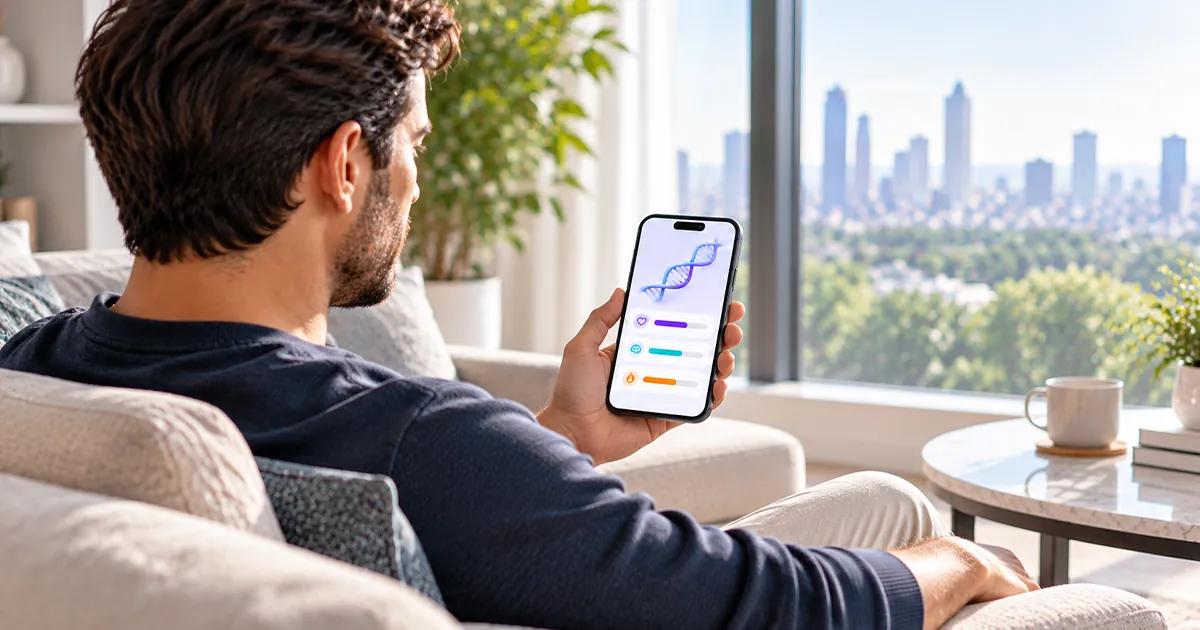 A man reading his DNA health report on a smartphone at home